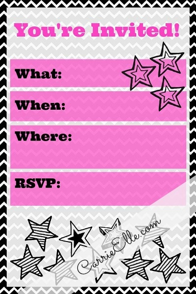 Free Printable Punk Rock Girl Party Invitation Black Chevron Pink Stars